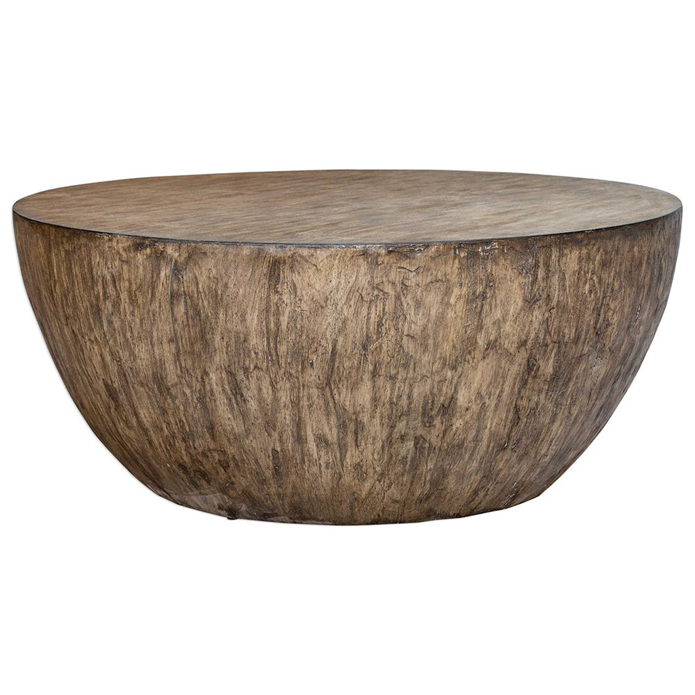 Round Mango Wood Coffee Table with Aged Walnut Finish