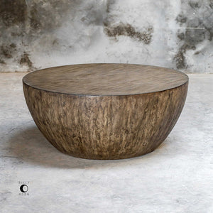 Round Mango Wood Coffee Table with Aged Walnut Finish