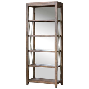 Rustic Iron & Wood Etagere with Mirrored Back