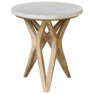 X-Motif Hardwood Accent Table with Round Limestone Top