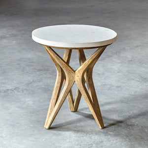 X-Motif Hardwood Accent Table with Round Limestone Top
