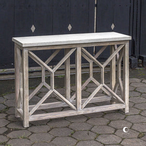 Mixed Wood Console Table with Stone Top