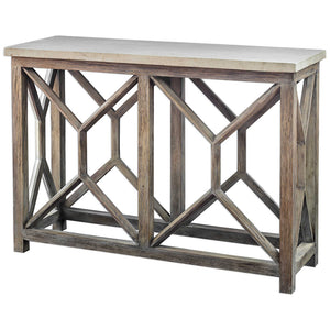Mixed Wood Console Table with Stone Top
