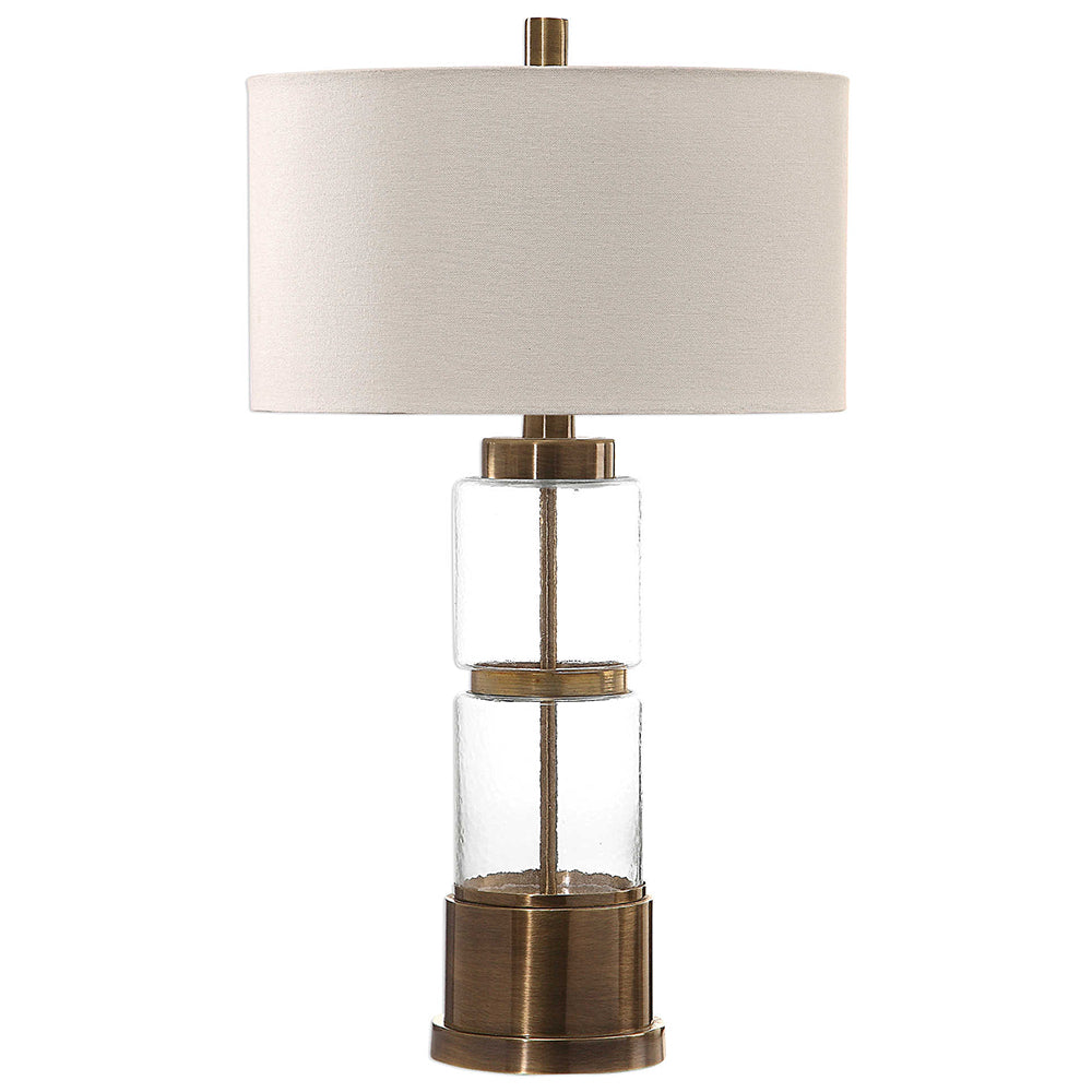 Stacked Glass Column Table Lamp with White Drum Shade