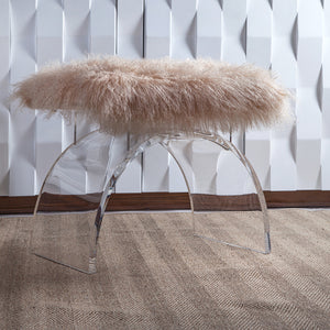 Worlds Away Marlowe Lucite Stool with Fur Cushion - Natural