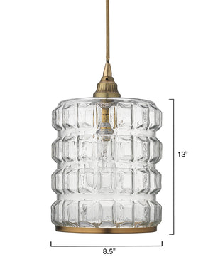 Grid Pattern Clear Glass Pendant with Brass Hardware