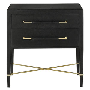 Currey and Company Black Lacquered Linen Two-Drawer Nightstand
