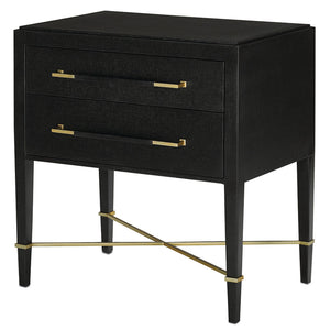 Currey and Company Black Lacquered Linen Two-Drawer Nightstand