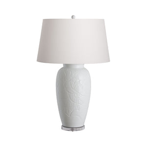 Lotus Engraved Vase Ceramic Table Lamp – Glossy White Glaze
