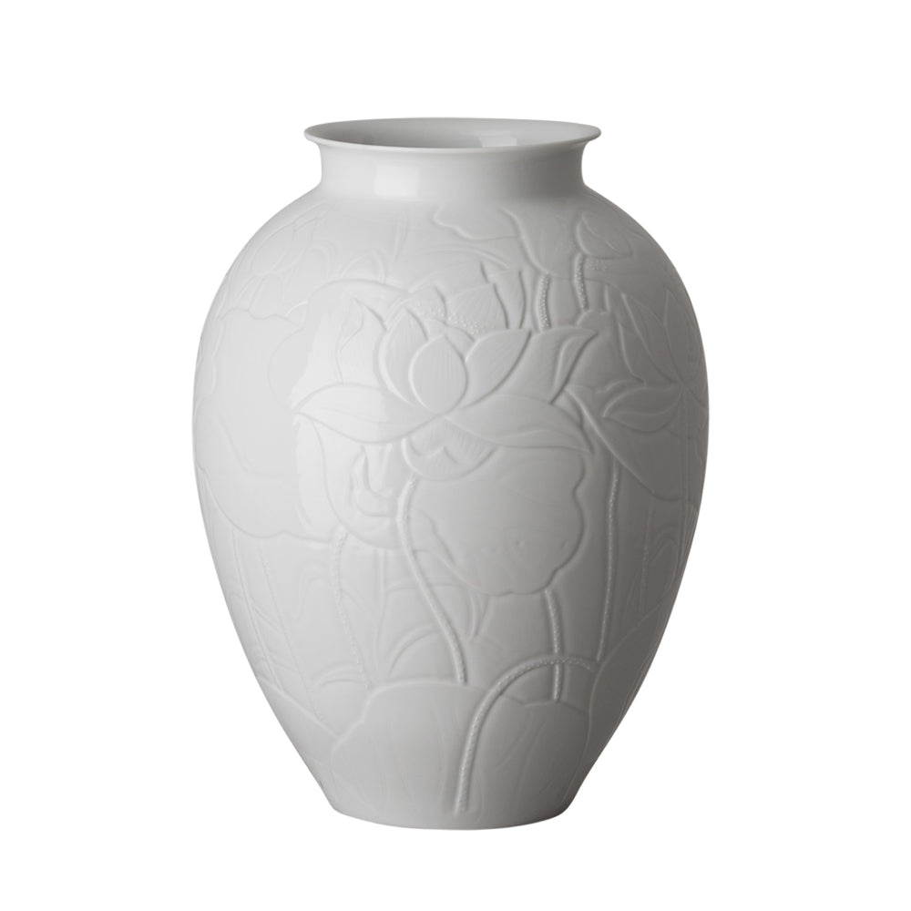 Lotus Engraved Ceramic Vase  – Glossy White