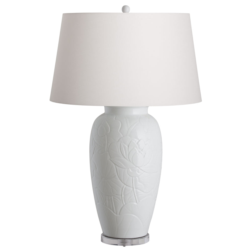 Large Lotus Engraved Vase Ceramic Table Lamp – Glossy White Glaze