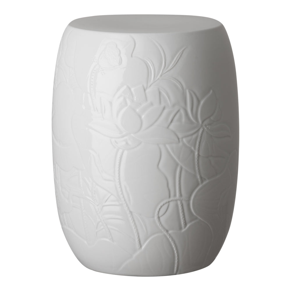 Lotus Engraved Garden Stool – White Glaze