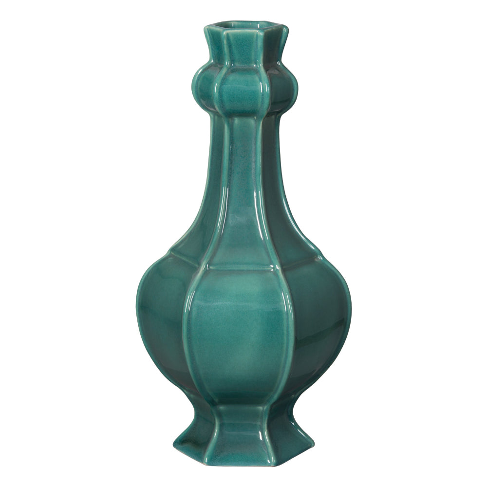Large Hexagon Ridged Ceramic Vase  – Lush Teal