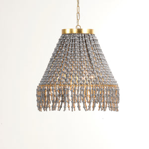 Angelou Beaded Cone Chandelier - Antique Grey Wood Beads w/ Gold Metal Finish