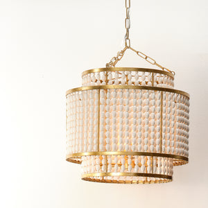 Pacific Beaded Chandelier - Antique White Wood Beads w/ Gold Metal Finish