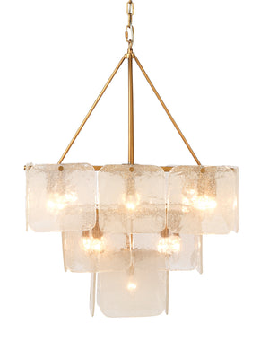 Perignon Three Tier Chandelier in Melted Ice Glass and Antique Brass