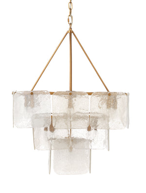 Perignon Three Tier Chandelier in Melted Ice Glass and Antique Brass