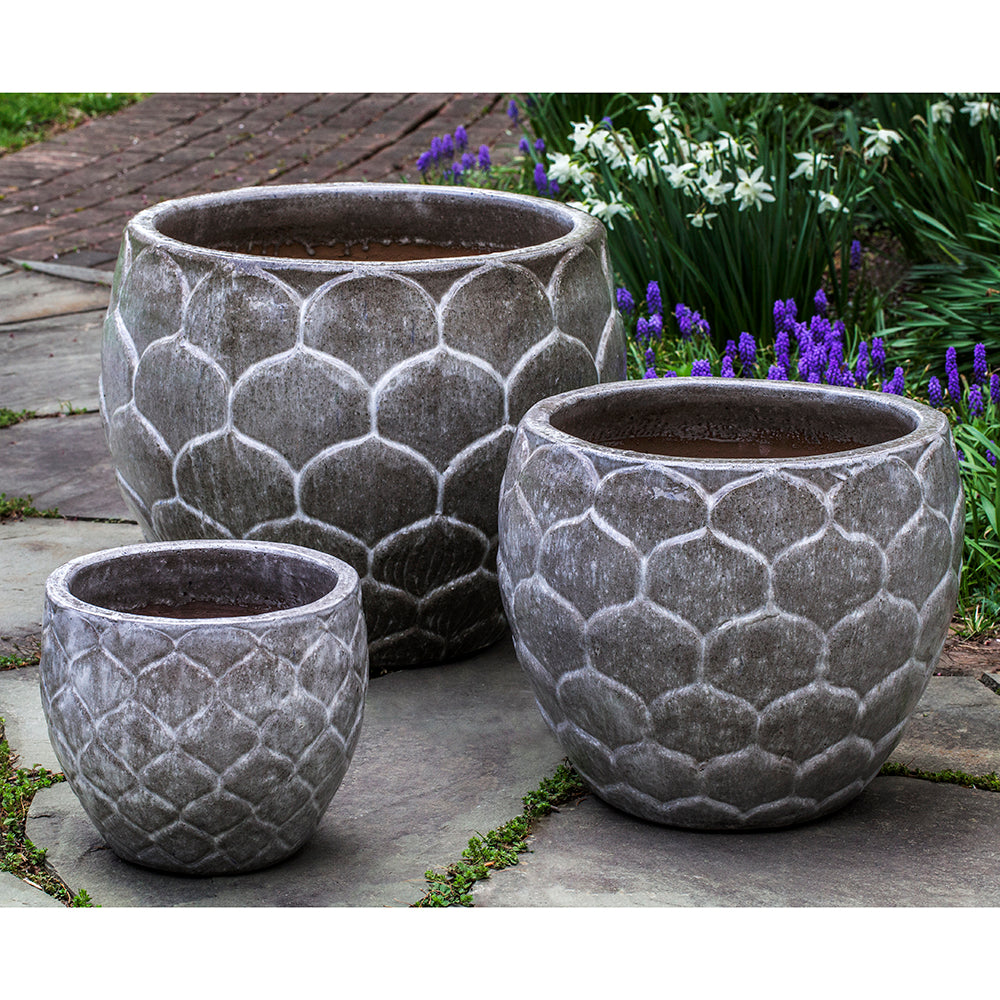grey ceramic outdoor plant pots Snow Monkey Grey Pinecone Glazed Terra Cotta Planters - Set of 3