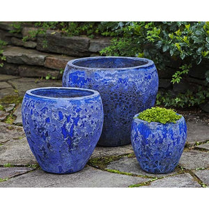 Blue Angkor Glazed Terra Cotta Planters - Set of 3