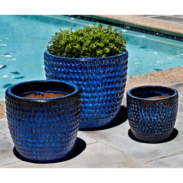 Riviera Blue Dimpled Glazed Planters Set of 3 Scenario Home
