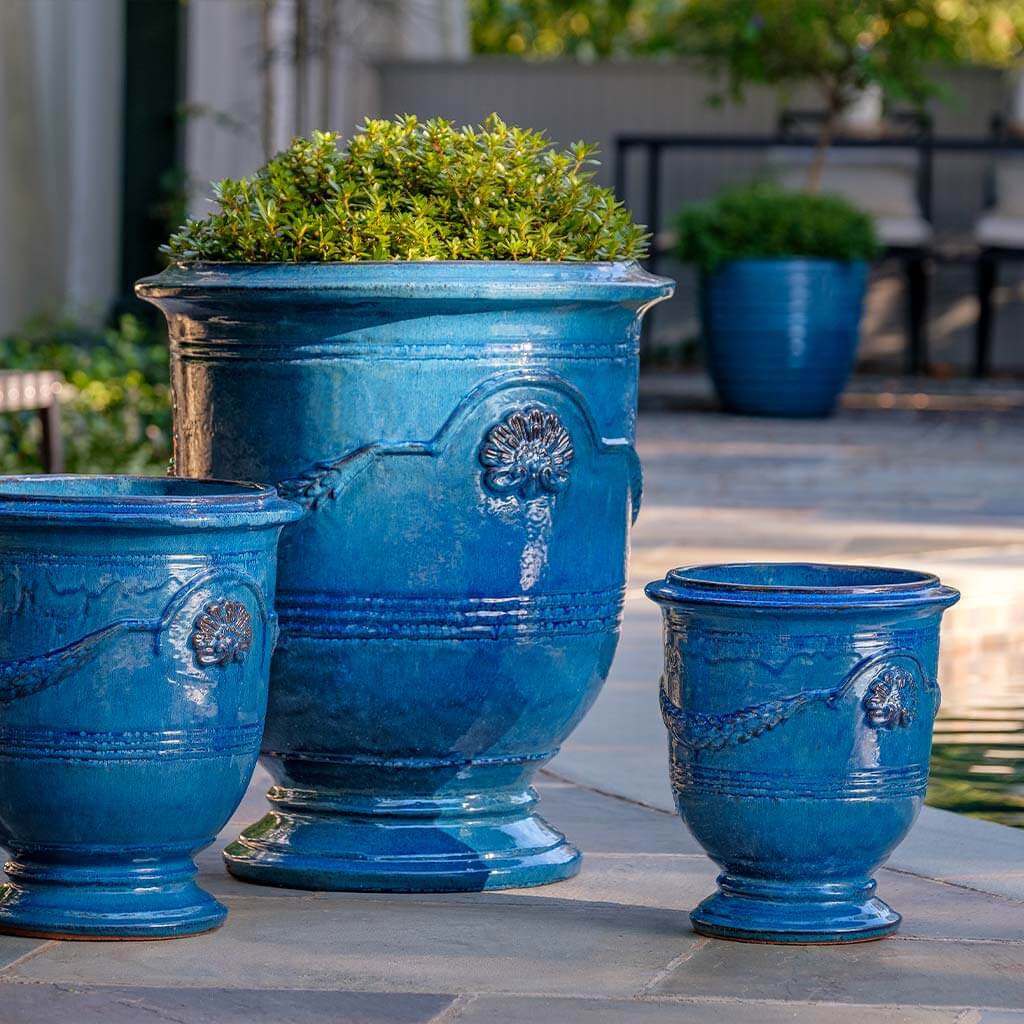 Cerulean Blue Glazed Terra Cotta Anduze Urn Planters - Set of 3