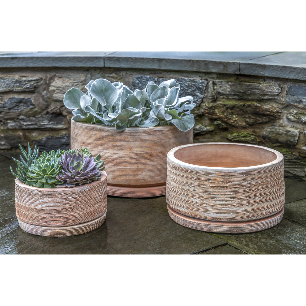 Low Sgraffito Terra Cotta Cylinder Planters - Set of 3