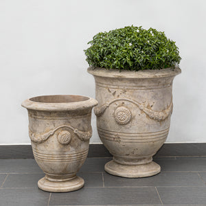 Antico Terra Cotta Urn Planters with Relief - Set of 2