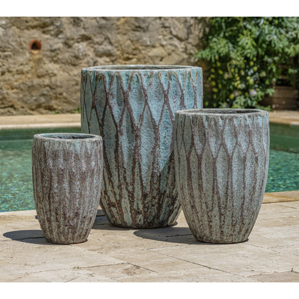 Glazed Terra Cotta Diamond Pattern Taper Planters - Set of 3 in Verdigris