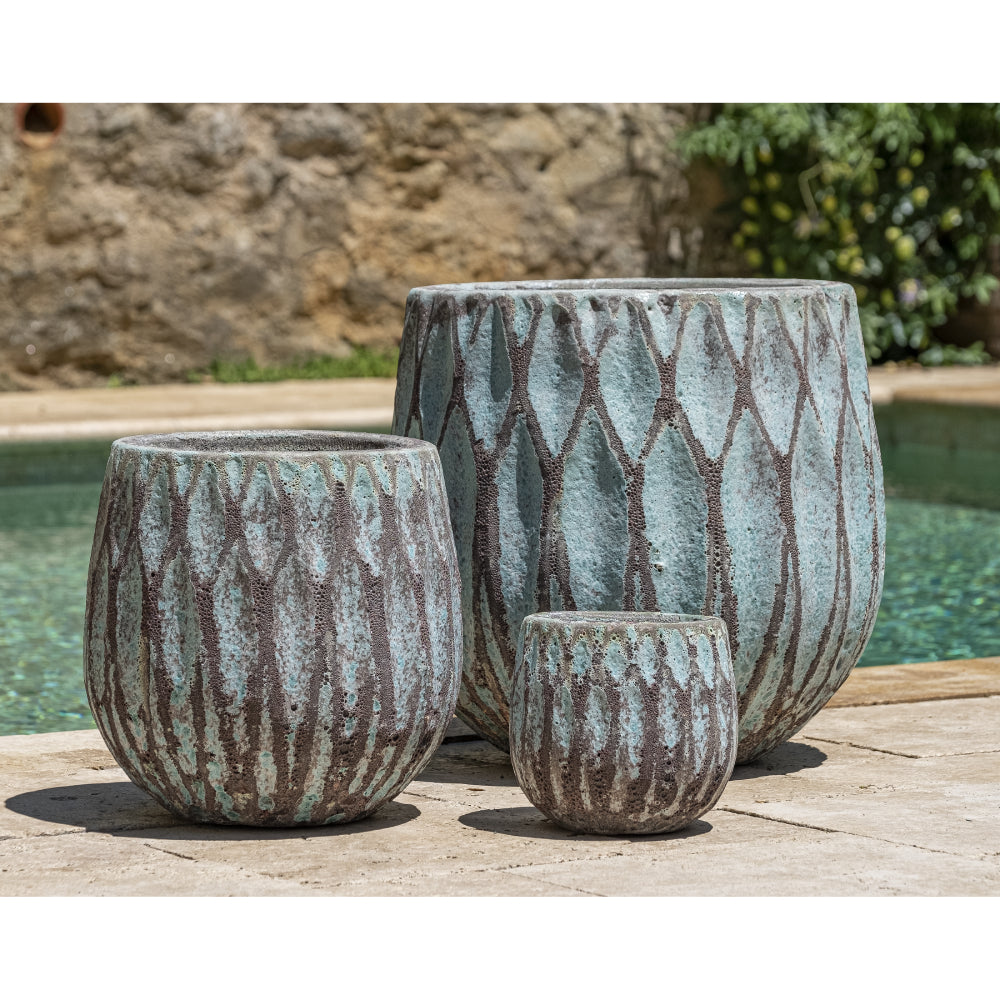 Glazed Terra Cotta Diamond Pattern Planters - Set of 3 in Verdigris