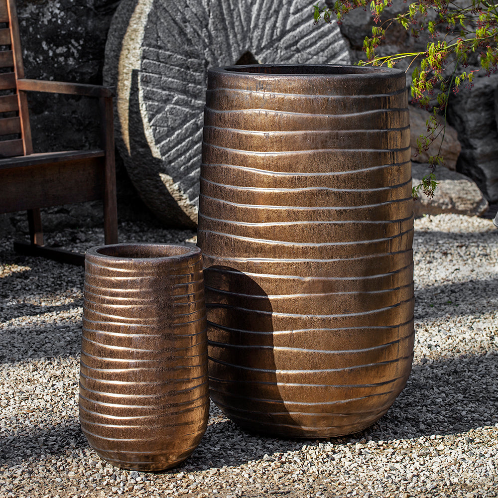 Tall Bronze Finish Wave Pattern Terra Cotta Planters - Set of 2