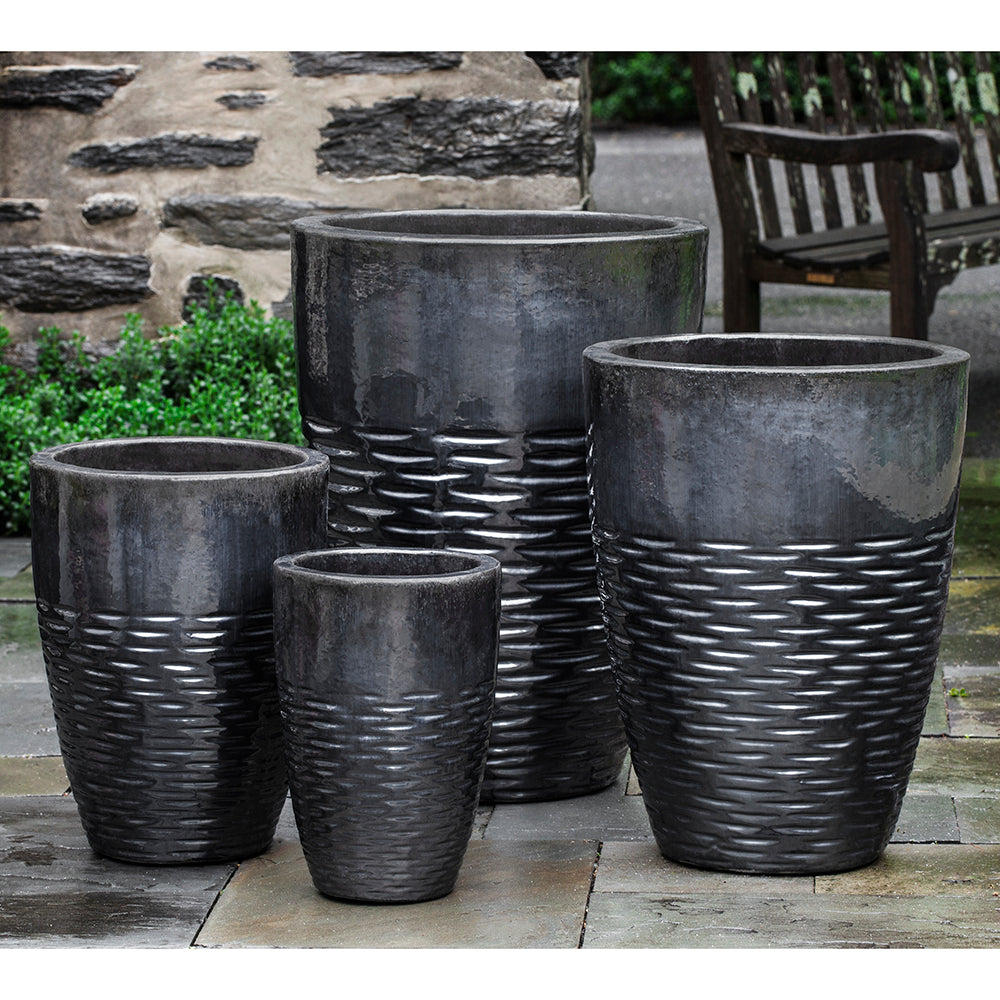 Tall Ice Black Scored Terra Cotta Planters - Set of 4