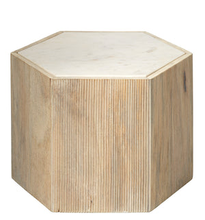 Medium Argan Hexagon Table in Natural Wood & White Marble