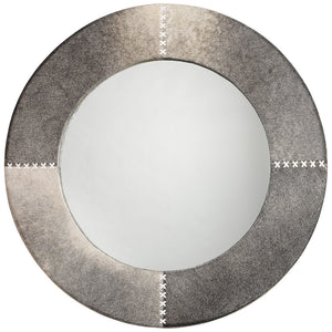 Round Hair on Hide Mirror with Whip Stitch Accents – Grey
