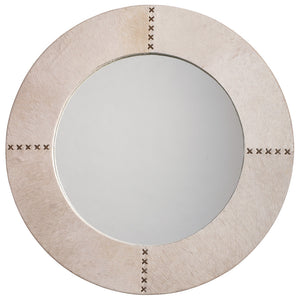 Round Hair on Hide Mirror with Whip Stitch Accents – White