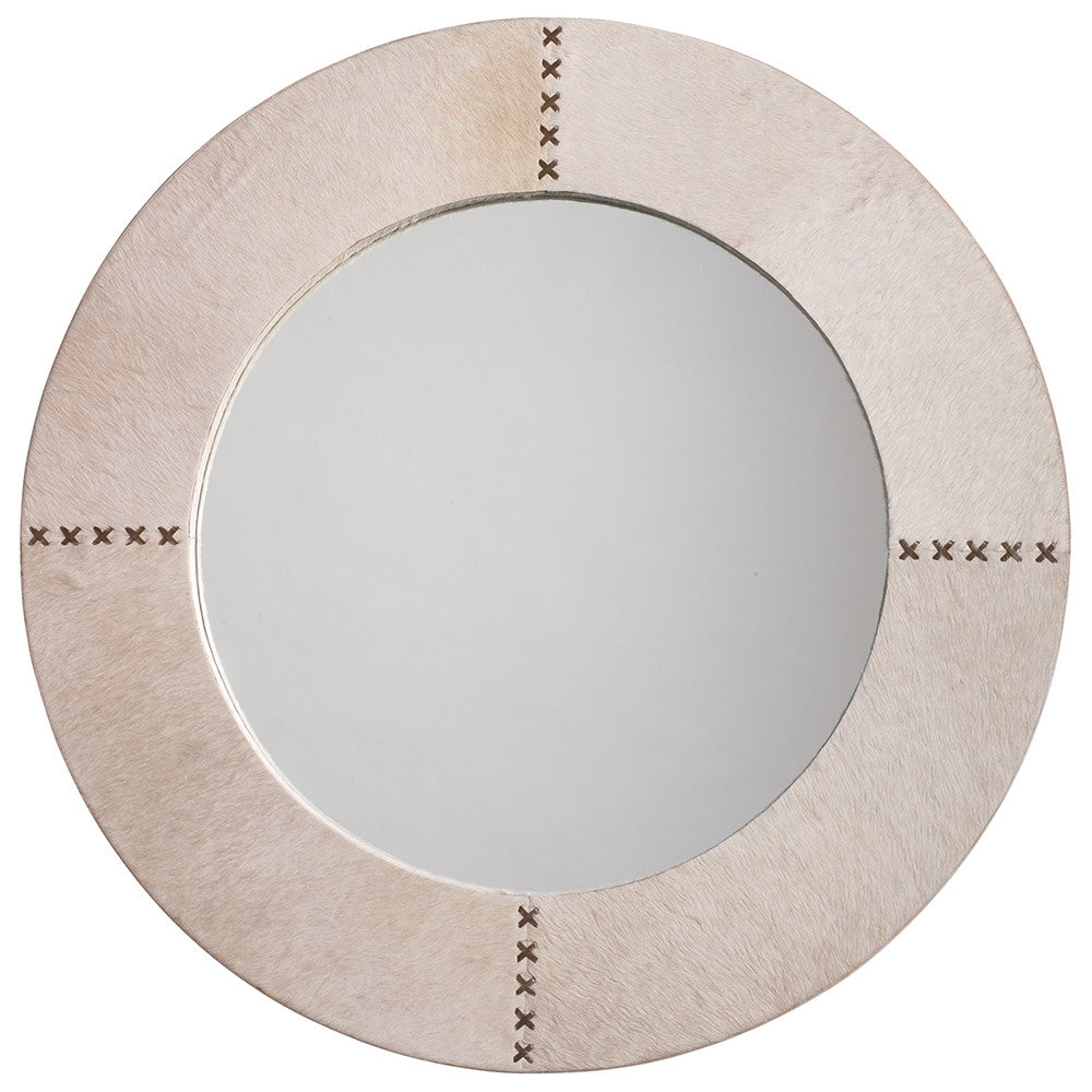 Round Hair on Hide Mirror with Whip Stitch Accents – White