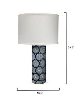 Neva Table Lamp in Blue and White Ceramic with Classic Drum Shade in White Linen