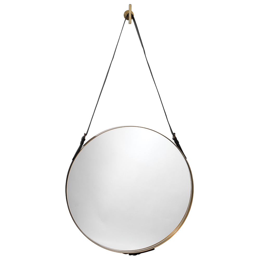 Large Leather Strap Round Mirror – Antique Brass