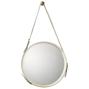 Large White Hide Strap Round Mirror
