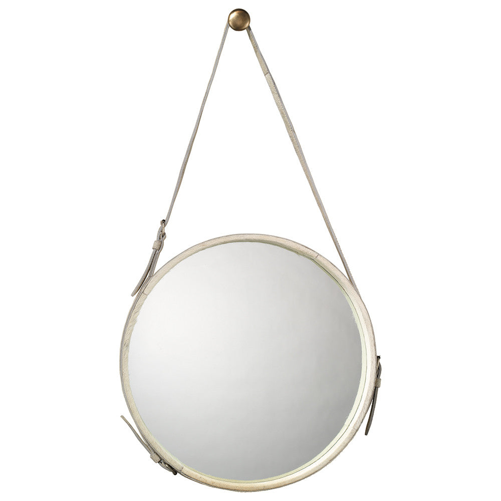 Large White Hide Strap Round Mirror
