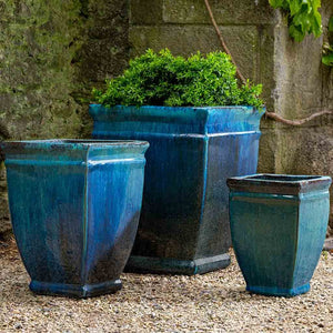 Mediterranean Blue Glazed Terra Cotta Square Rolled Rim Planters - Set of 3