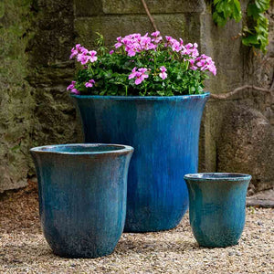 Mediterranean Blue Glazed Terra Cotta Flared Rim Planters - Set of 3