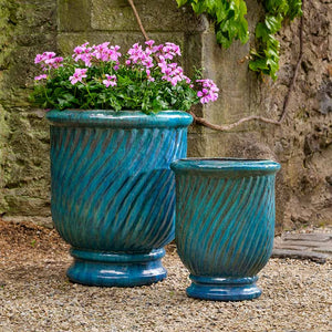 Mediterranean Blue Glazed Terra Cotta Twist Planters - Set of 2