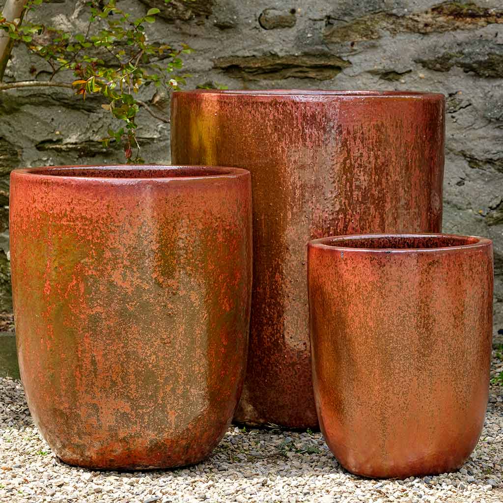 large red outdoor plant pots Volcanic Red Glazed Terra Cotta Bullet Planters - Set of 3