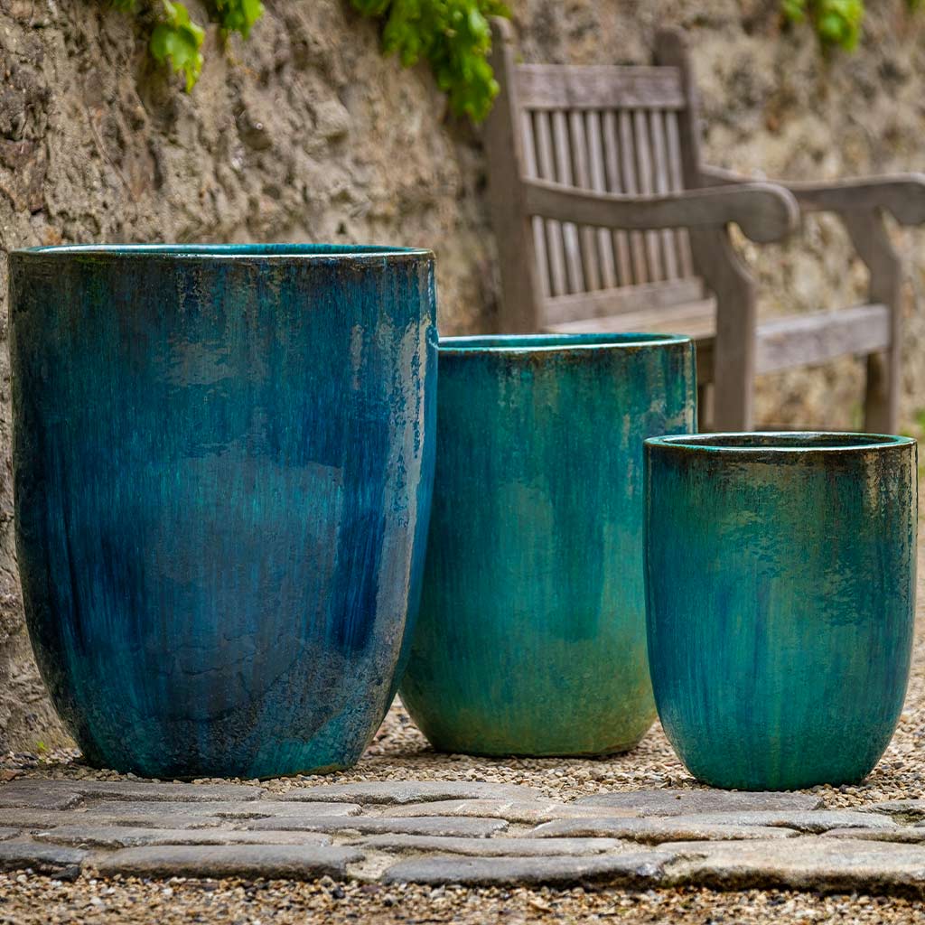 large outdoor ceramic planter pots Mediterranean Blue Glazed Terra Cotta Bullet Planters - Set of 3