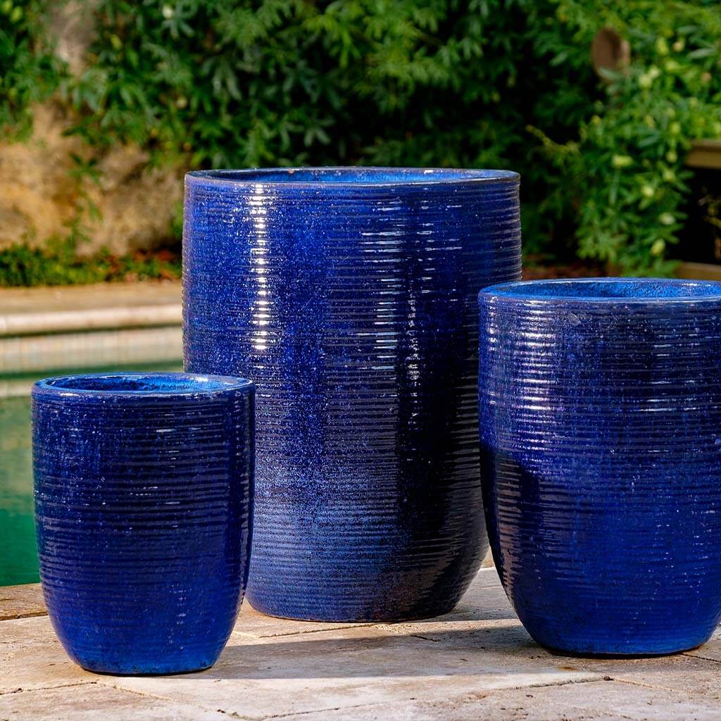 Riviera Blue Ridged Round Terra Cotta Planters - Set of 3