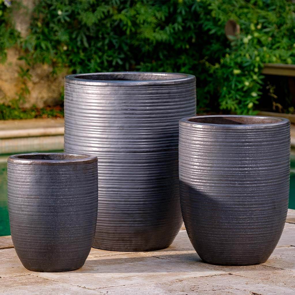 Graphite Ridged Round Terra Cotta Planters - Set of 3