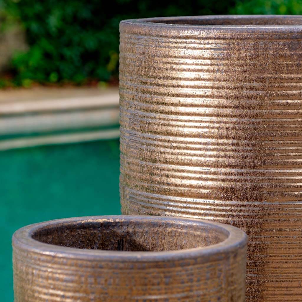 bronze indoor plant pot Bronze Ridged Round Terra Cotta Planters - Set of 3