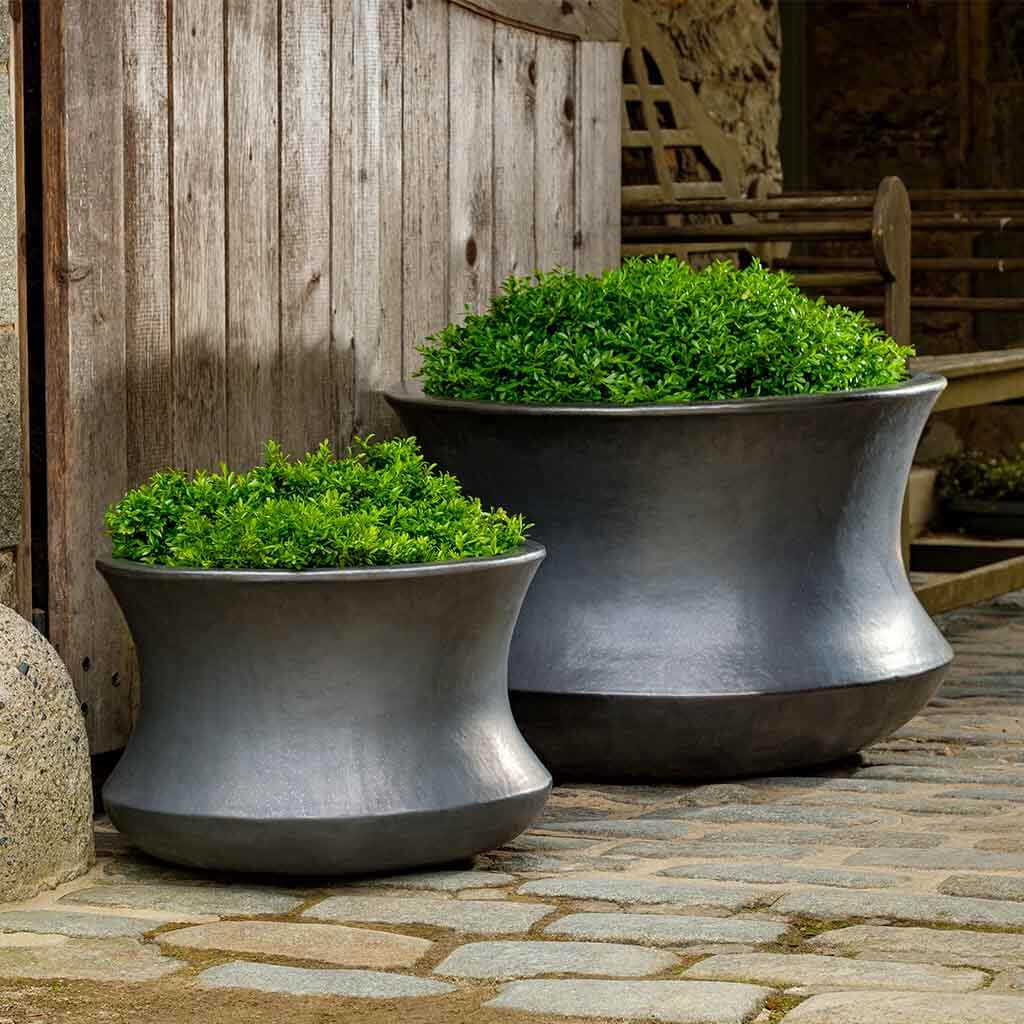 Graphite Glazed Terra Cotta Hourglass Planters - Set of 2