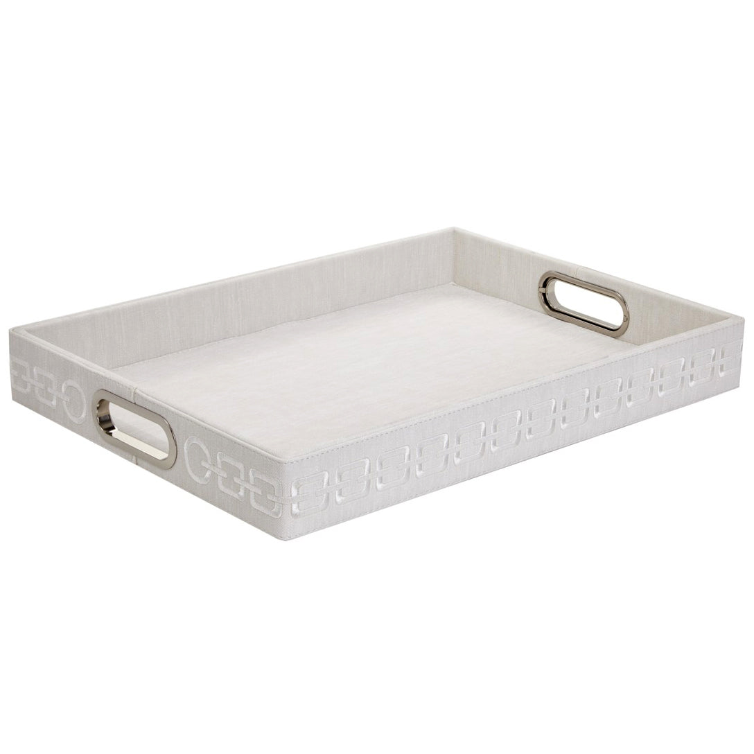 Faux Leather Rectangular Tray with Chain Embroidery — White & White