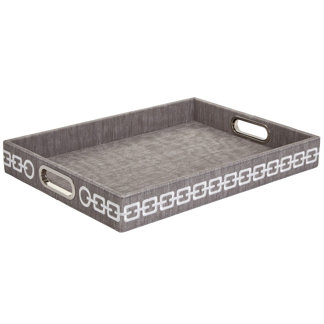 Faux Leather Rectangular Tray with Chain Embroidery — Grey & White